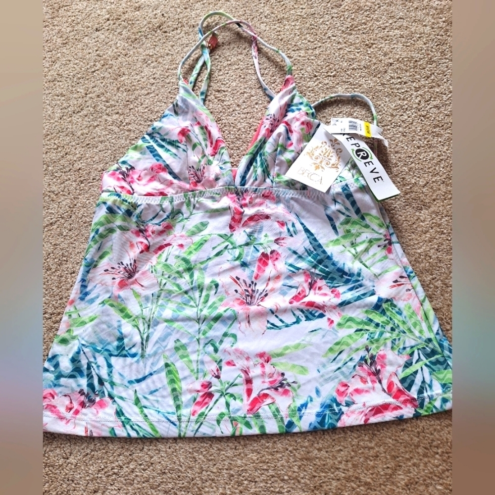 BECCA Floral Tropical Tankini Top in White, Pink, Green, Blue